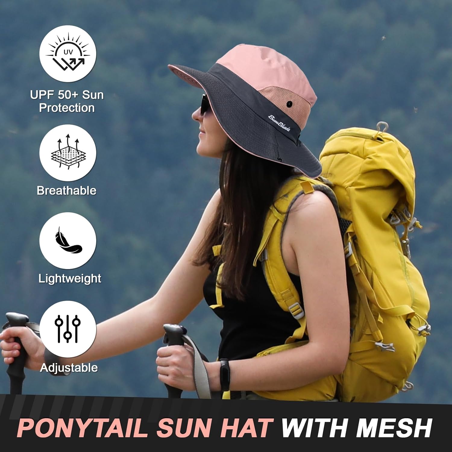 Womens Sun Hat - Sun Hats for Women with Ponytail Hole, Foldable Wide Brim Cooling Mesh Beach Fishing Hat for Outdoor
