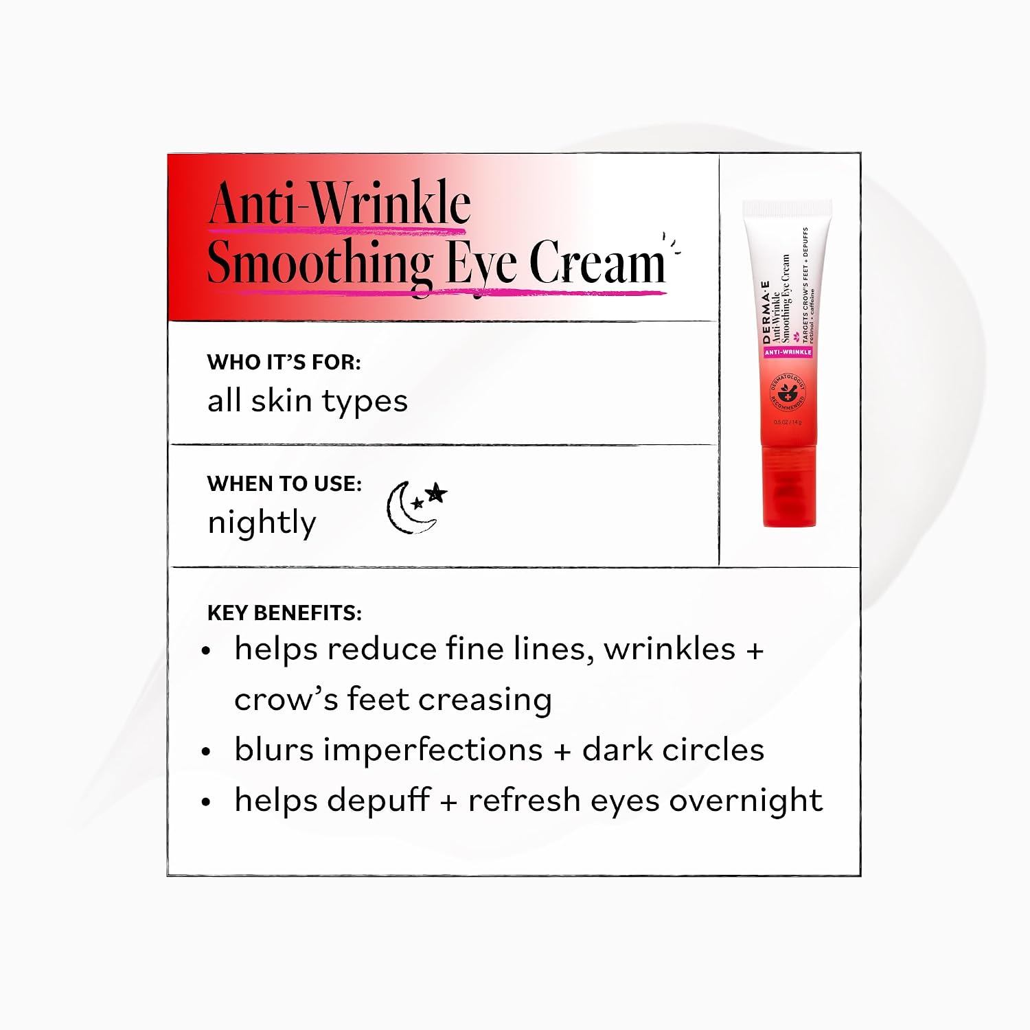 Derma E Anti-Wrinkle Smoothing Eye Cream For Fine Lines And Crow'S Feet, 0.5 Fl Oz, Anti Aging With Retinol, Caffeine And Antioxidants, Cooling Tip Helps Reduce Puffiness