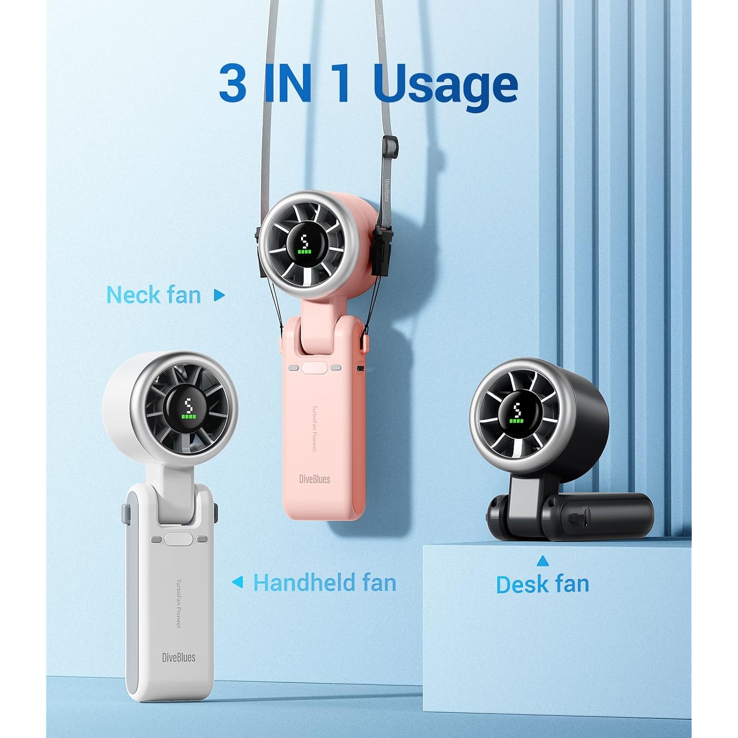 Diveblues Portable Handheld Turbo Fan | 3 In 1 Hand/Neck/Desk Fan, Up To 12 Working Hours, 5 Gear Wind, Battery Operated, Travel, Working, Outdoor Activities