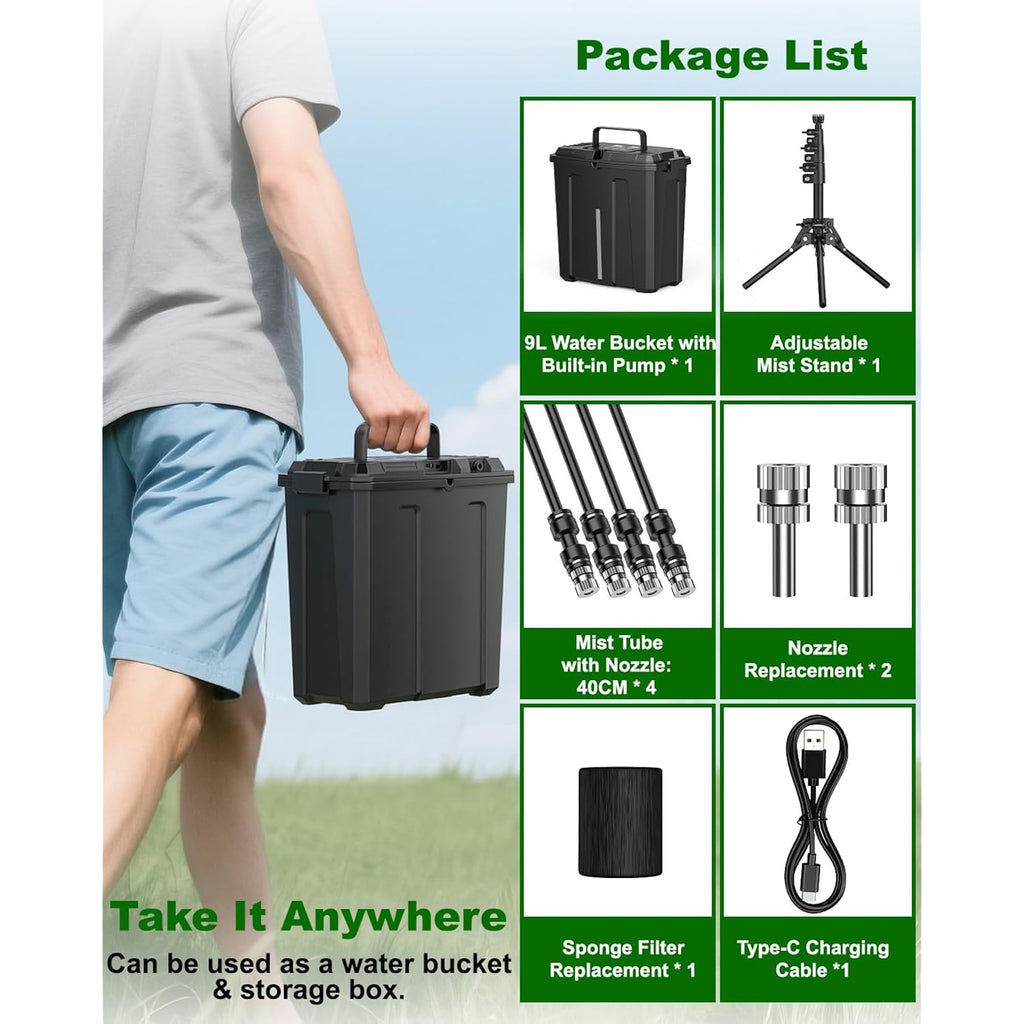 Portable Misting System With Stand, Water Cooling Misters Set For Outside Patio - 9L Bucket Built-In 10000Mah Battery & Pcs Pump & Timer For Outdoor, Canopy, Sport, Golf, Beach, Greenhouse, Camp