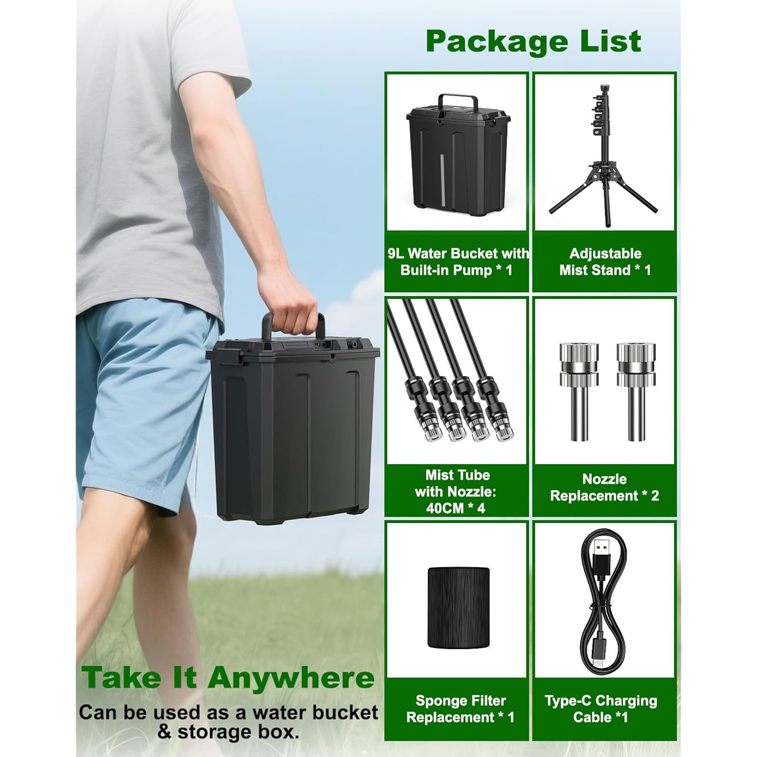 Portable Misting System With Stand, Water Cooling Misters Set For Outside Patio - 9L Bucket Built-In 10000Mah Battery & Pcs Pump & Timer For Outdoor, Canopy, Sport, Golf, Beach, Greenhouse, Camp