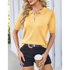 Women Short Sleeve Polo Sweater V Neck Knitted Tops Casual Ribbed Shirt Loose Pullover Sweater