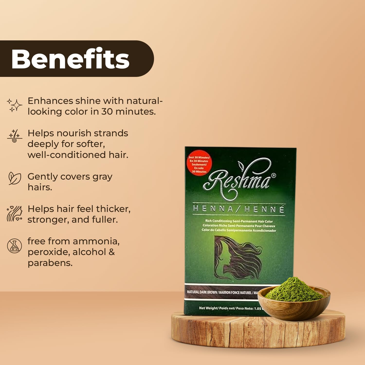 Reshma Beauty 30 Minute Henna Hair Color Infused with Plant-Based Lawsonia Inermis 100% Gray Coverage for Soft, Shiny Hair, Hair Dye—1.05 oz Pack of 1 (Dark Brown)