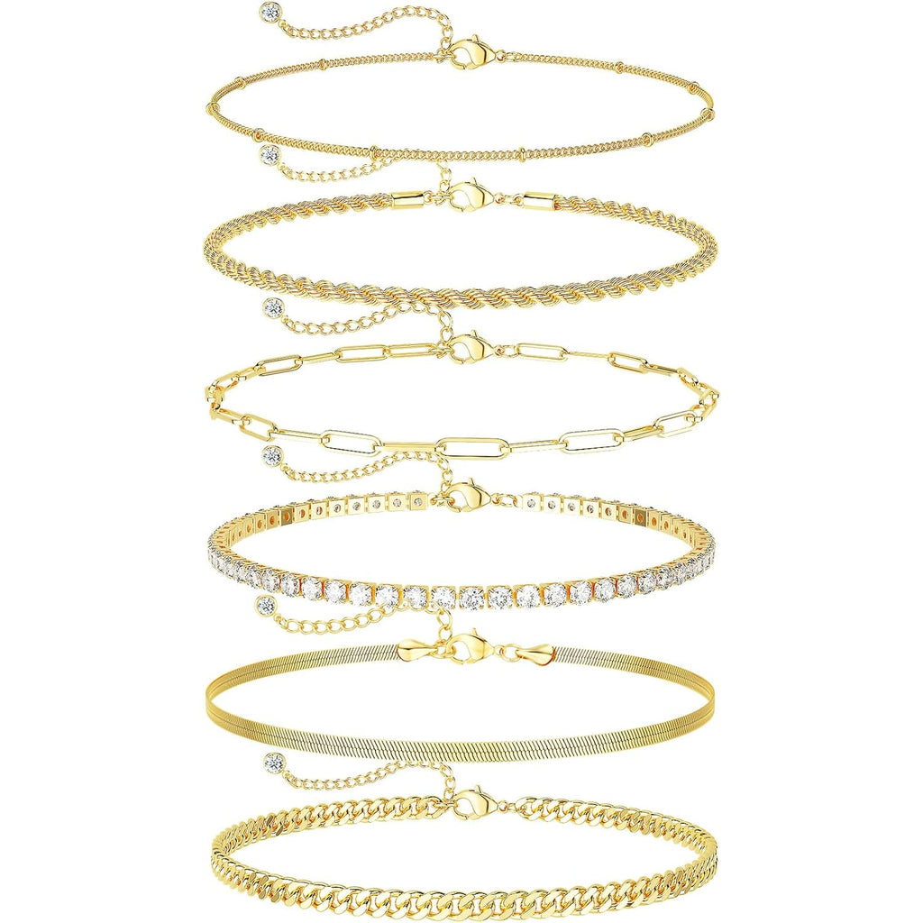 DEARMAY 14K Gold Plated Ankle Bracelets for Women Waterproof - Dainty 6Pcs Anklets Layered Cuban Link Chain Herringbone Cute Anklets Set Pack Summer Beach Jewelry Gift for Women Teen