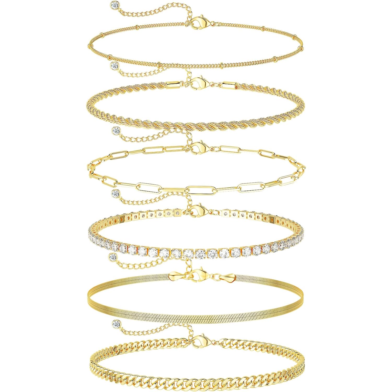 DEARMAY 14K Gold Plated Ankle Bracelets for Women Waterproof - Dainty 6Pcs Anklets Layered Cuban Link Chain Herringbone Cute Anklets Set Pack Summer Beach Jewelry Gift for Women Teen