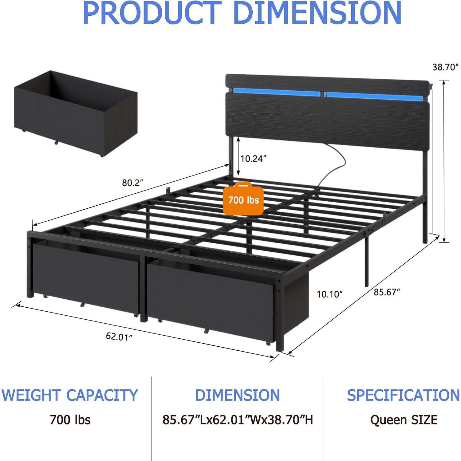 Forestell Queen Bed Frame With Wood Headboard, Black Platform Bed With 2 Storage Drawers & Shelf, Built-In Charging Station & Led Lights, Metal Support, No Box Spring Needed, Cama Queen Size