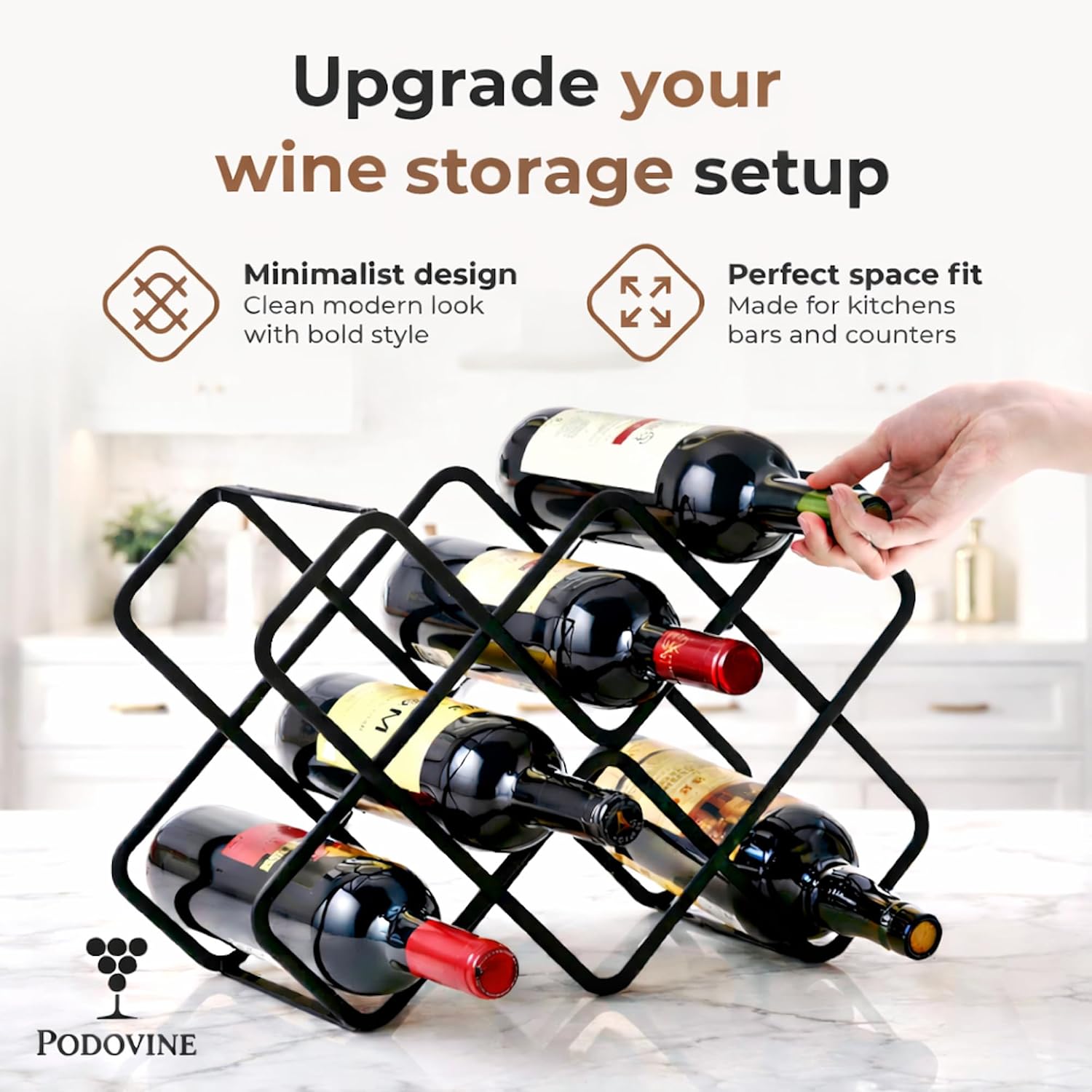 Metal Wine Rack – Matte Black Carbon Steel, 10-Bottle Countertop & Hangable Wine Holder, Modern Geometric Design, Rustproof, Under-Cabinet Display, No Assembly Needed For Countertop Use