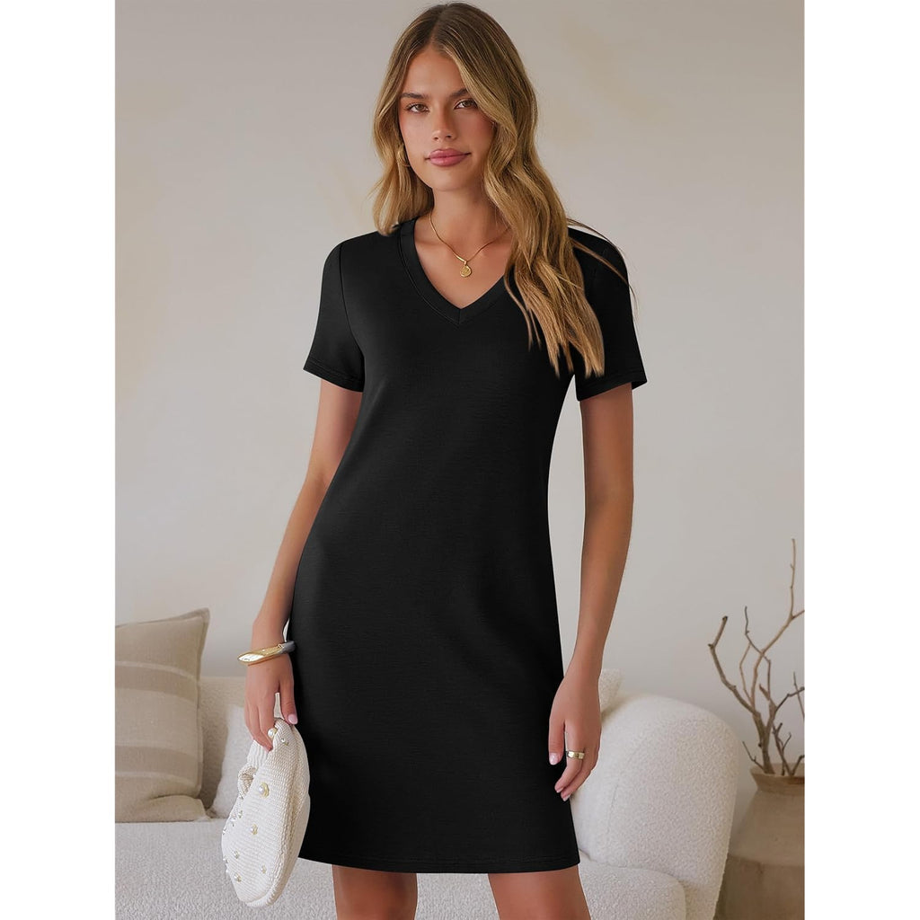 Summer Dress for Women 2026 Beach Vacation Clothes Short Sleeve V Neck Casual T Shirt Sundresses Travel Holiday