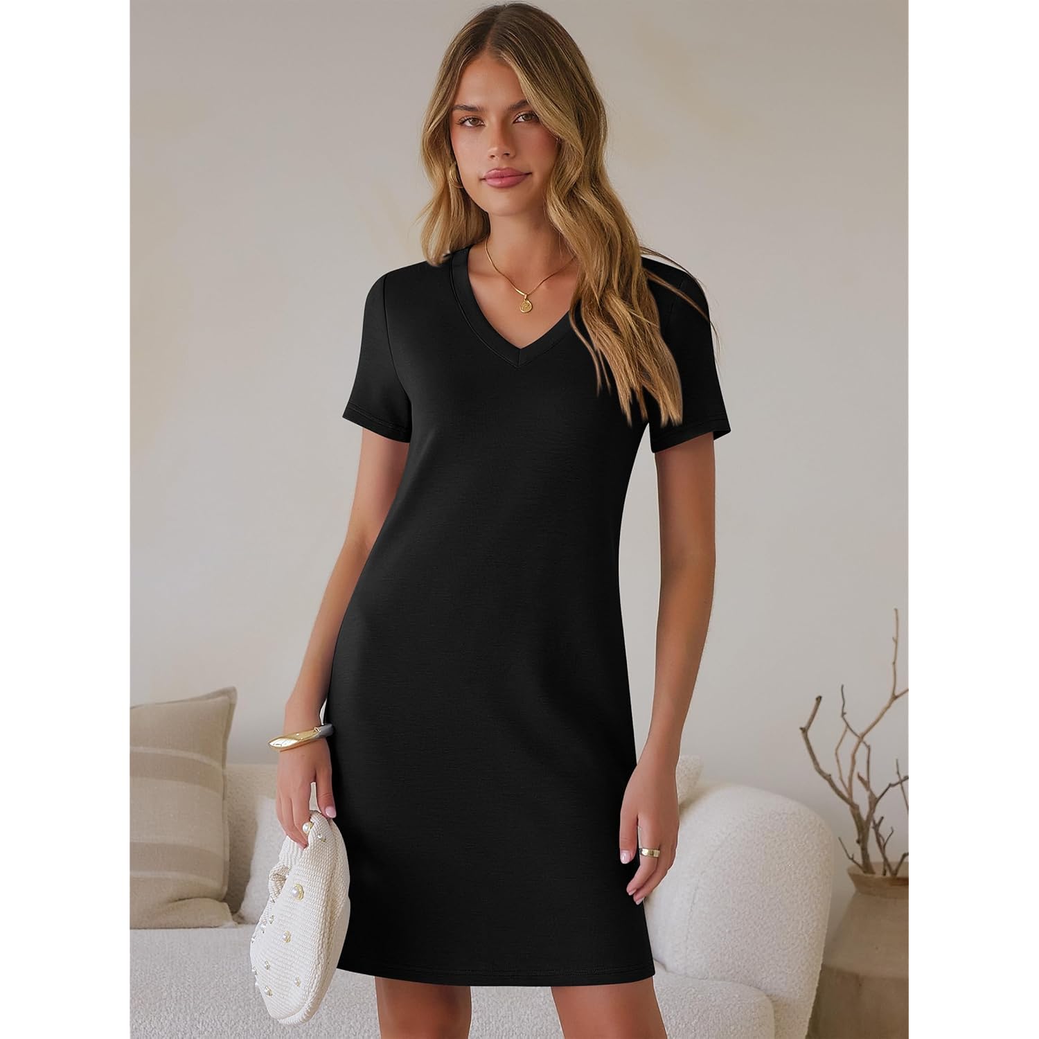 Summer Dress for Women 2026 Beach Vacation Clothes Short Sleeve V Neck Casual T Shirt Sundresses Travel Holiday