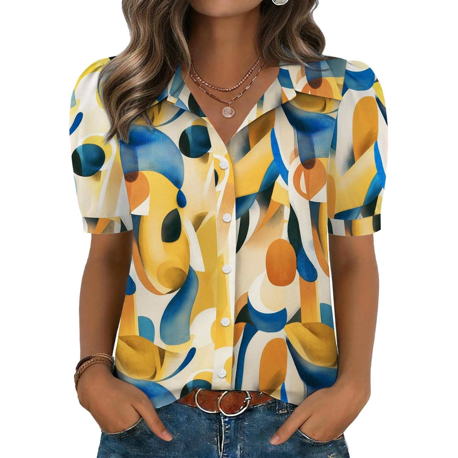 Women Button Down Shirts Puff Short Sleeve Blouses Chiffon Tops Business Casual Outfits Summer Clothes