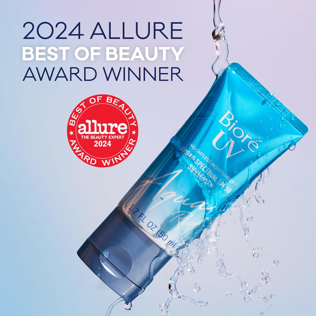 Biore Uv Aqua Rich Daily Hydrating Facial Moisturizer With Spf 50 | Oil Free Sunscreen & Primer For Makeup With Hyaluronic Acid, No White Cast, Non-Comedogenic, For Sensitive Skin, Pa++++, 1.7 Oz