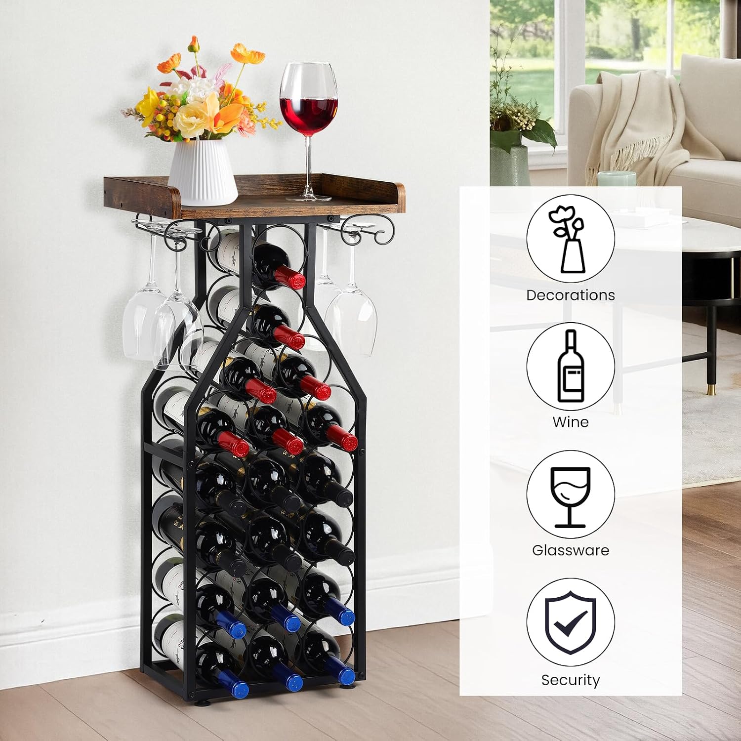 Wine Rack Freestanding Floor, Table Wine Holder Stand Mini Bar Table Floor Wine Storage For Home Bar Kitchen Living Room With Glass Holder Wood Tabletop 19 Bottles