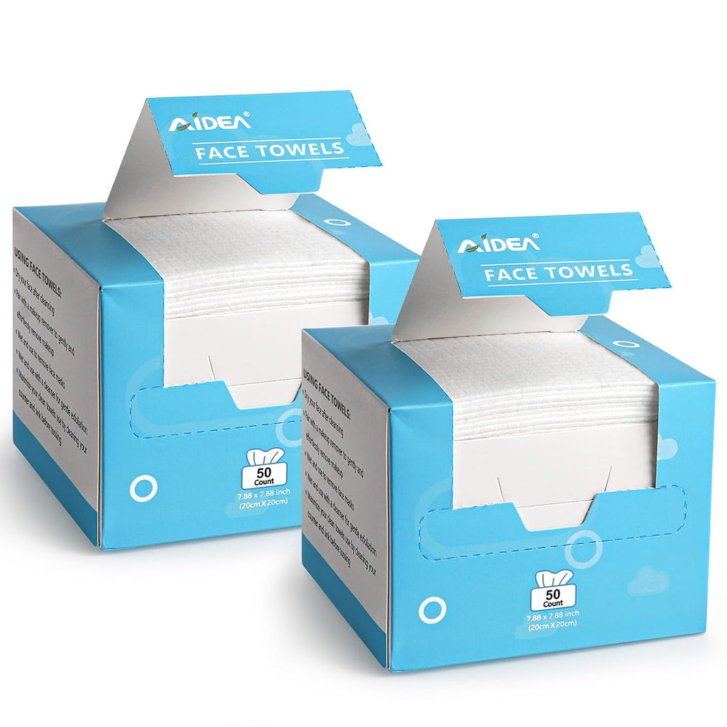 Aidea Face Towels Disposable-100Ct (2 Box), Clean Facial Towelettes For Sensitive Skin, Cleansing Wipes For Makeup Removing, Nursing, Travel, Dry Wipes Face Cloths