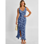 Anrabess Womens Sexy V Neck Sleeveless Wedding Guest Dresses Spring Mesh Bodycon High Slit Ruffle Hem Cocktail Maxi Dress