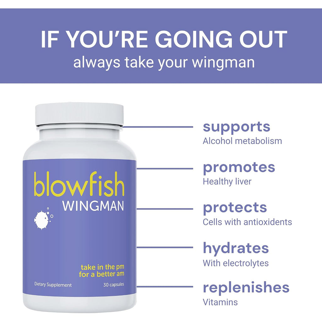 Blowfish Wingman | Supplement With Dhm + L-Cysteine + Electrolytes | Feel Better After Drinking | Pre-Alcohol Liver Support & Hydration