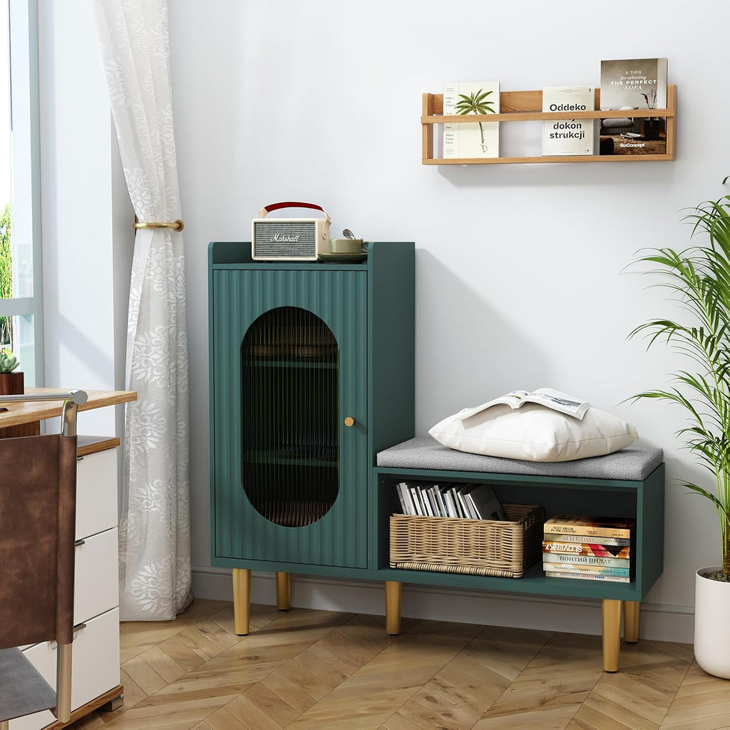 Storage Bench With Glass Door&Shelf, Modern Entryway Shoe Cabinet Bench With Padded Seat, Green L-Shaped Storage Cabinet For Hallway, Bedroom, Living Room, Office