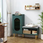Storage Bench With Glass Door&Shelf, Modern Entryway Shoe Cabinet Bench With Padded Seat, Green L-Shaped Storage Cabinet For Hallway, Bedroom, Living Room, Office