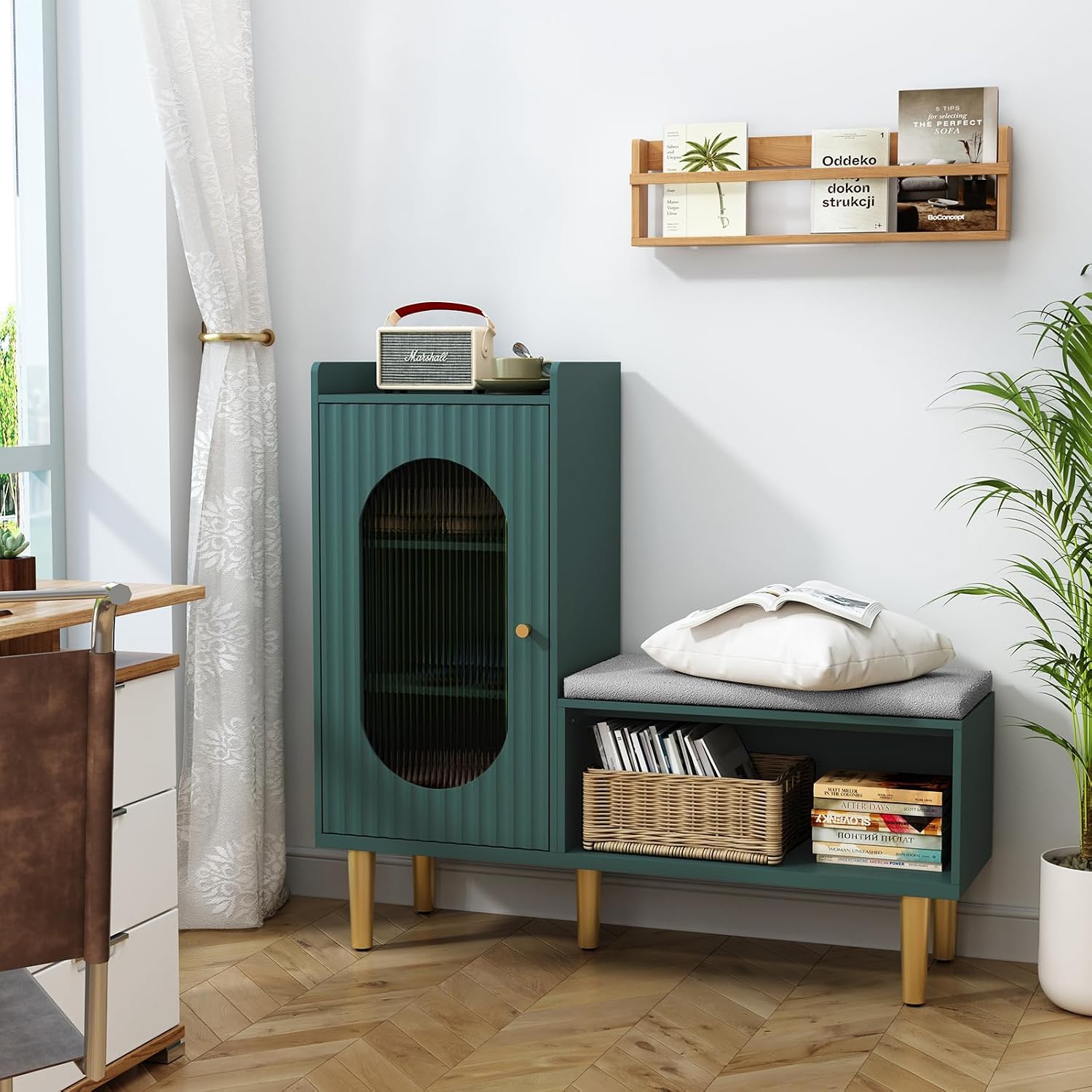 Storage Bench With Glass Door&Shelf, Modern Entryway Shoe Cabinet Bench With Padded Seat, Green L-Shaped Storage Cabinet For Hallway, Bedroom, Living Room, Office