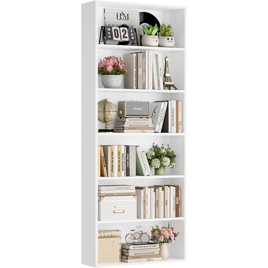 Fotosok 6-Tier Open Bookcase And Bookshelf, Freestanding Display Storage Shelves Tall Bookcase For Bedroom, Living Room And Office, White