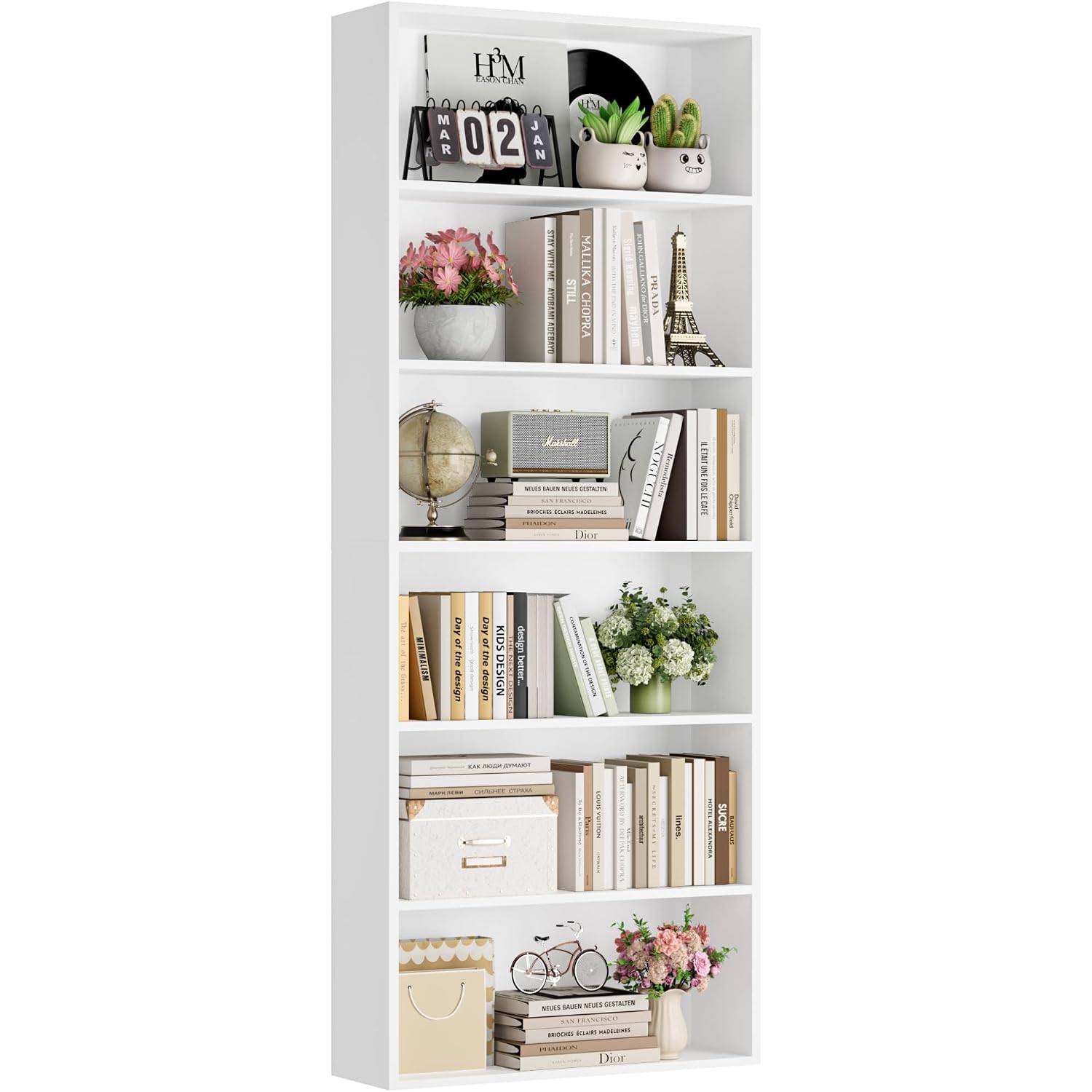 Fotosok 6-Tier Open Bookcase And Bookshelf, Freestanding Display Storage Shelves Tall Bookcase For Bedroom, Living Room And Office, White