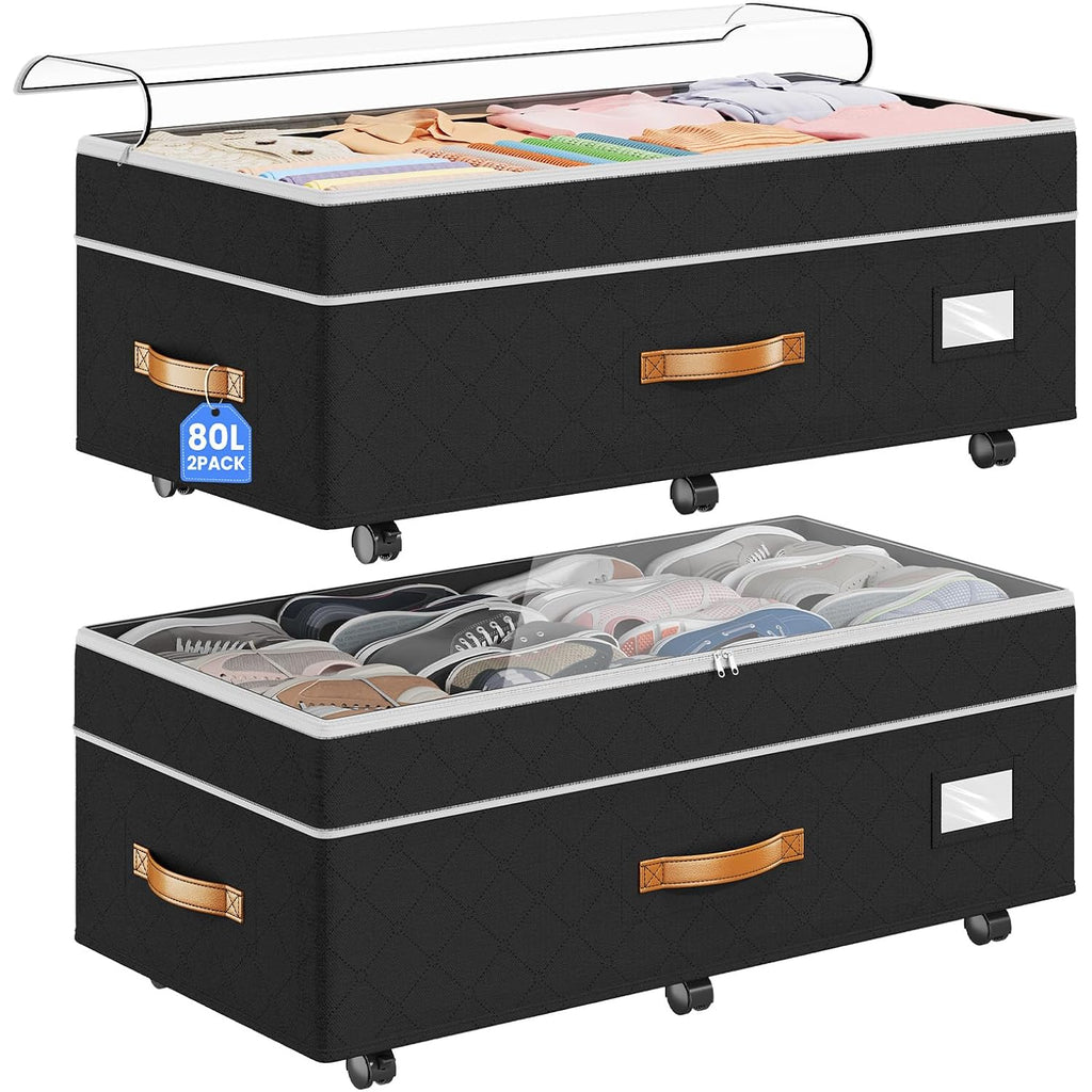 80L 2 Pack Adjustable Under Bed Storage With Wheels | Underbed Containers With Clear Lids, Rolling Under Bed Shoe Storage Organizer For Dorm Home Clothes, Blankets, Toys, Black
