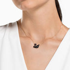 Swarovski Iconic Swan Necklace and Earrings Collection, Rose Gold Tone Finish, Black Crystals