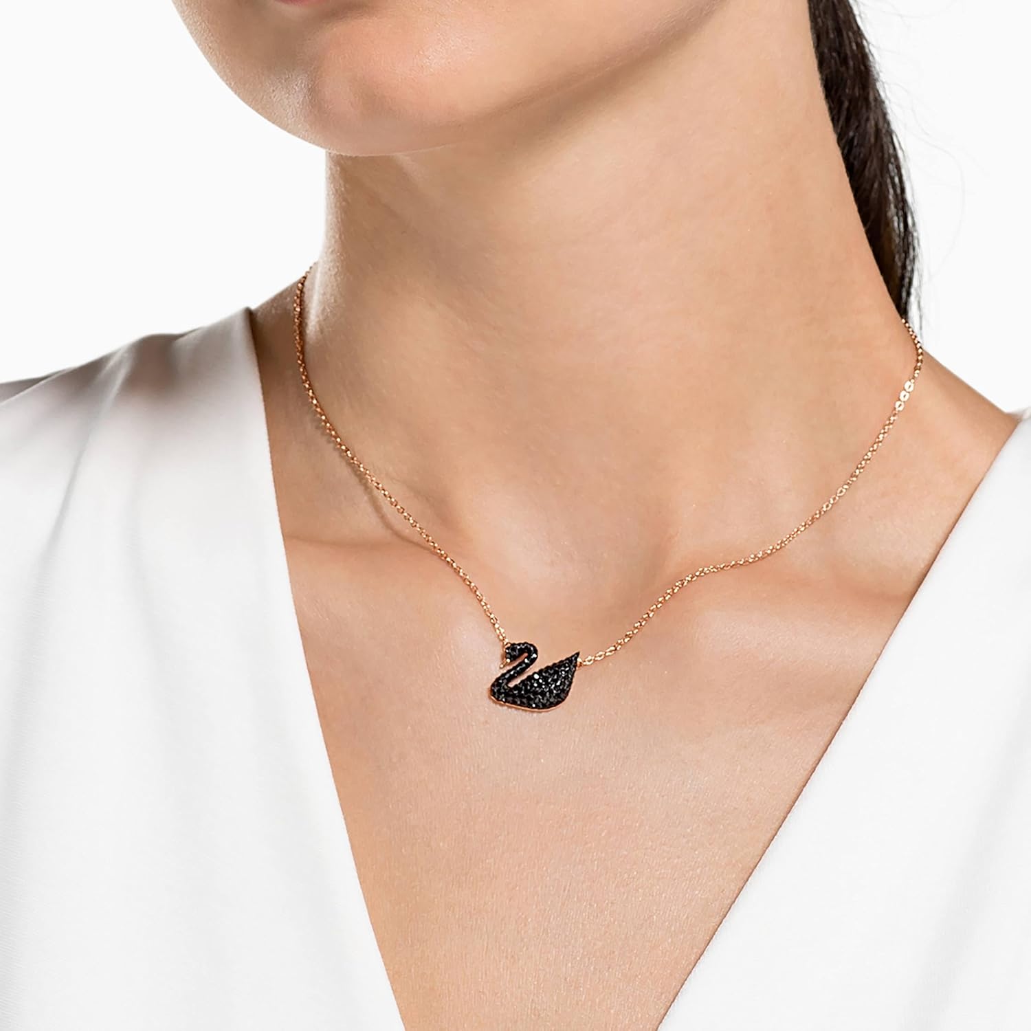 Swarovski Iconic Swan Necklace and Earrings Collection, Rose Gold Tone Finish, Black Crystals