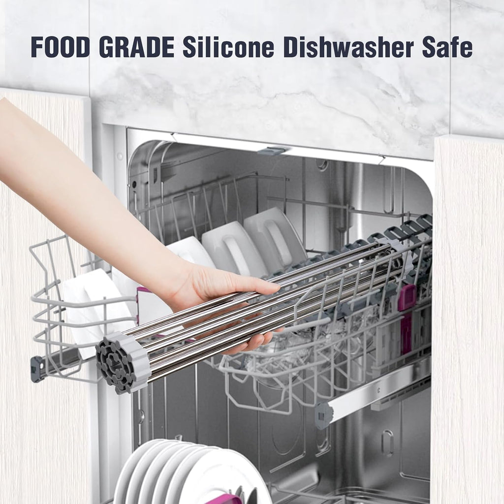 Tomorotec Roll Up Dish Drying Rack Over Sink, 17.7X15.5In, 304 Stainless Steel With Bpa-Free Silicone Edges, Heat-Resistant Trivet For Hot Pans, Holds Up To 70 Lbs, Rolls Up For Compact Storage