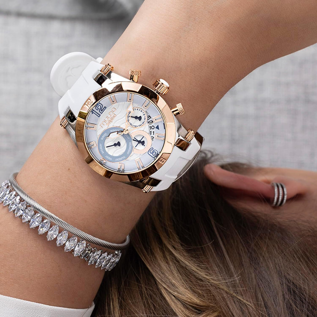 Mulco Watches For Women, Kripton Lady – 46 Mm Stainless-Steel Case, Black With Wrist Silicone Band, Quartz Multifunctional Day And Date Movement,Analog Display - Rose Gold Accents, 100M- Waterproof