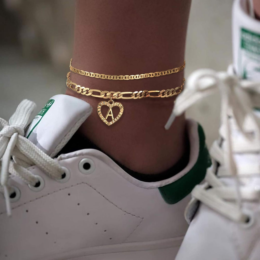 YANODA Initial Ankle Bracelets for Women 14K Gold Plated Layered Figaro Chain Letter Initial Anklets Handmade Layered Heart Ankle Bracelets Personalized Jewelry for Women