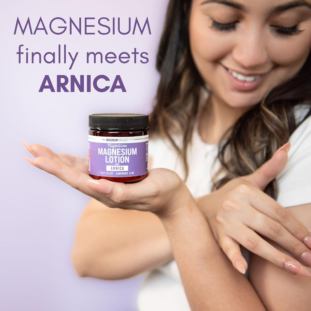 Magnum Solace Nighttime Magnesium Lotion With Arnica – Highly Concentrated Magnesium For Muscles & Joints – Apply To Legs Or Feet Before Bed – Skin-Friendly