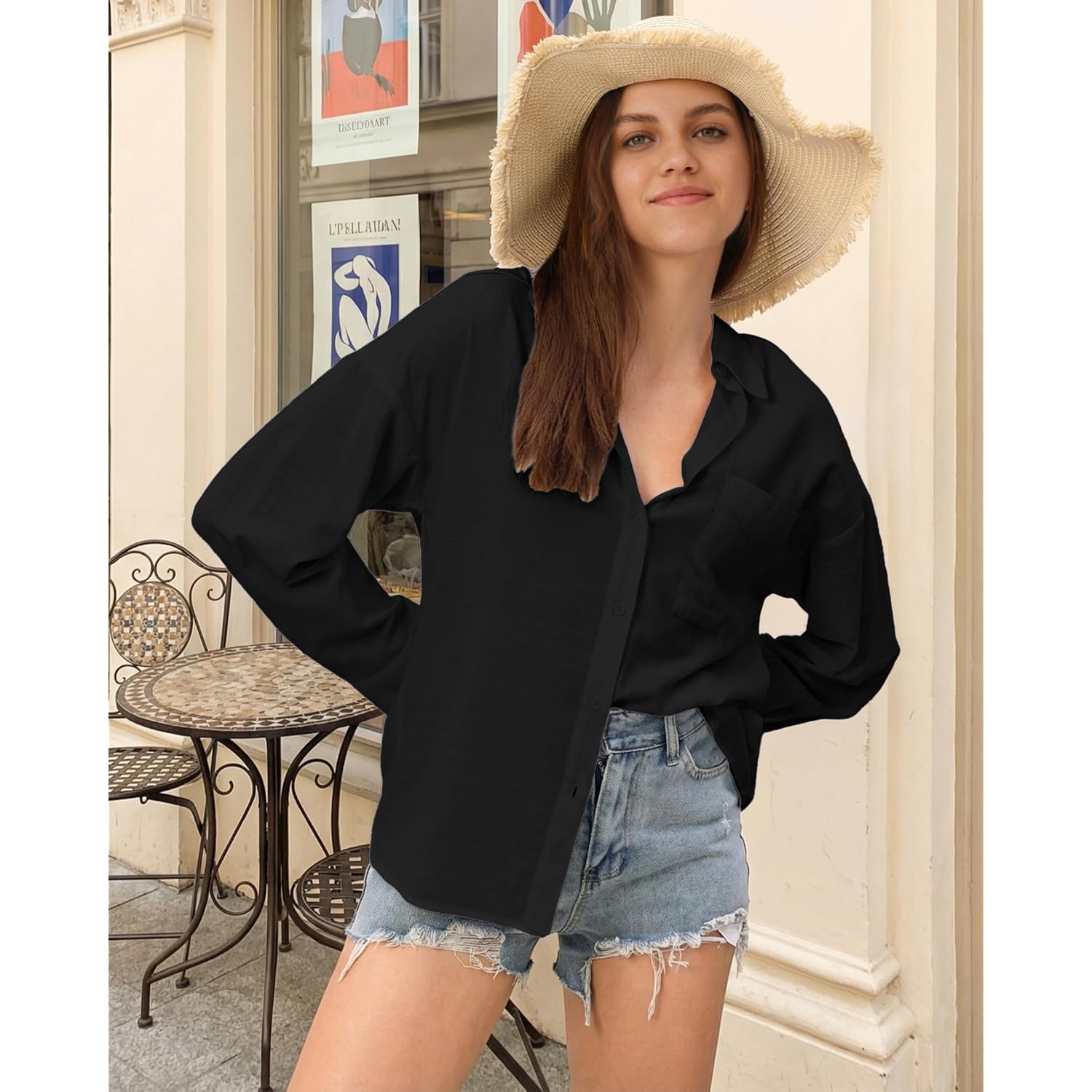 Womens Button Down Shirts Long Sleeve Linen Casual Collared Blouses Loose Fit