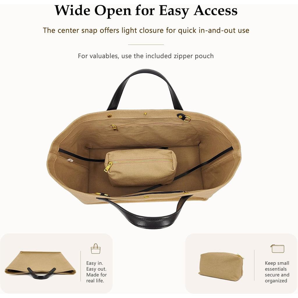 2Pcs Set, Large/Xl Tote Bag With Pouch For Women, Canvas Or Genuine Leather Crossbody Shoulder Bag, Top Handle Purse