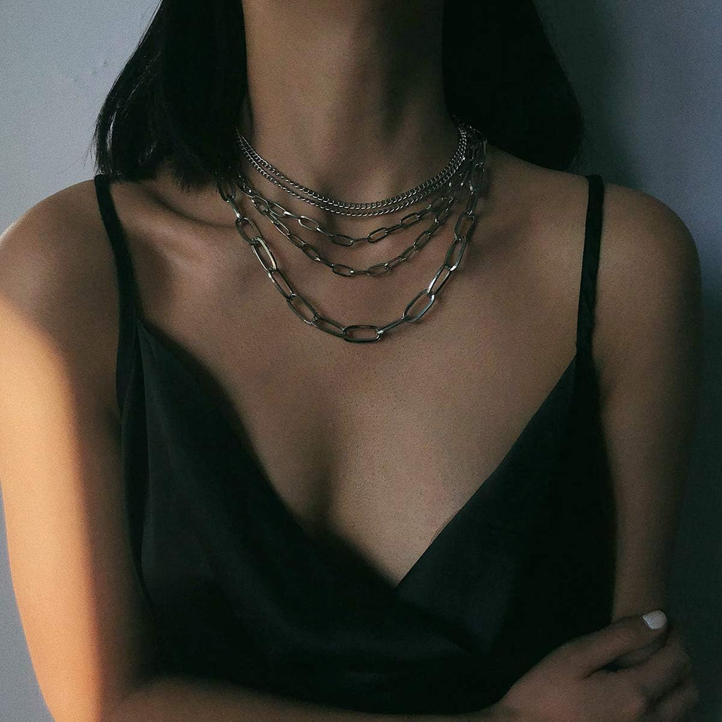 Layered Chain Necklaces for women 18 Inch Gold Plated Paperclip Chain Silver Tone Choker Necklace Rope Ball Chains Punk Jewelry
