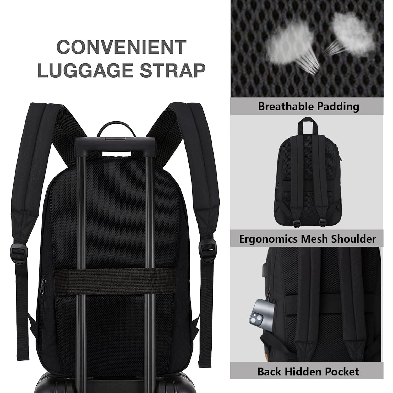 Keofid Travel Backpack For Men And Women, Anti Theft Laptop Backpack With Usb Charging Port For Work, Large Bag For College, Carry-On Backpack With Luggage Strap, Water Resistent(Black)