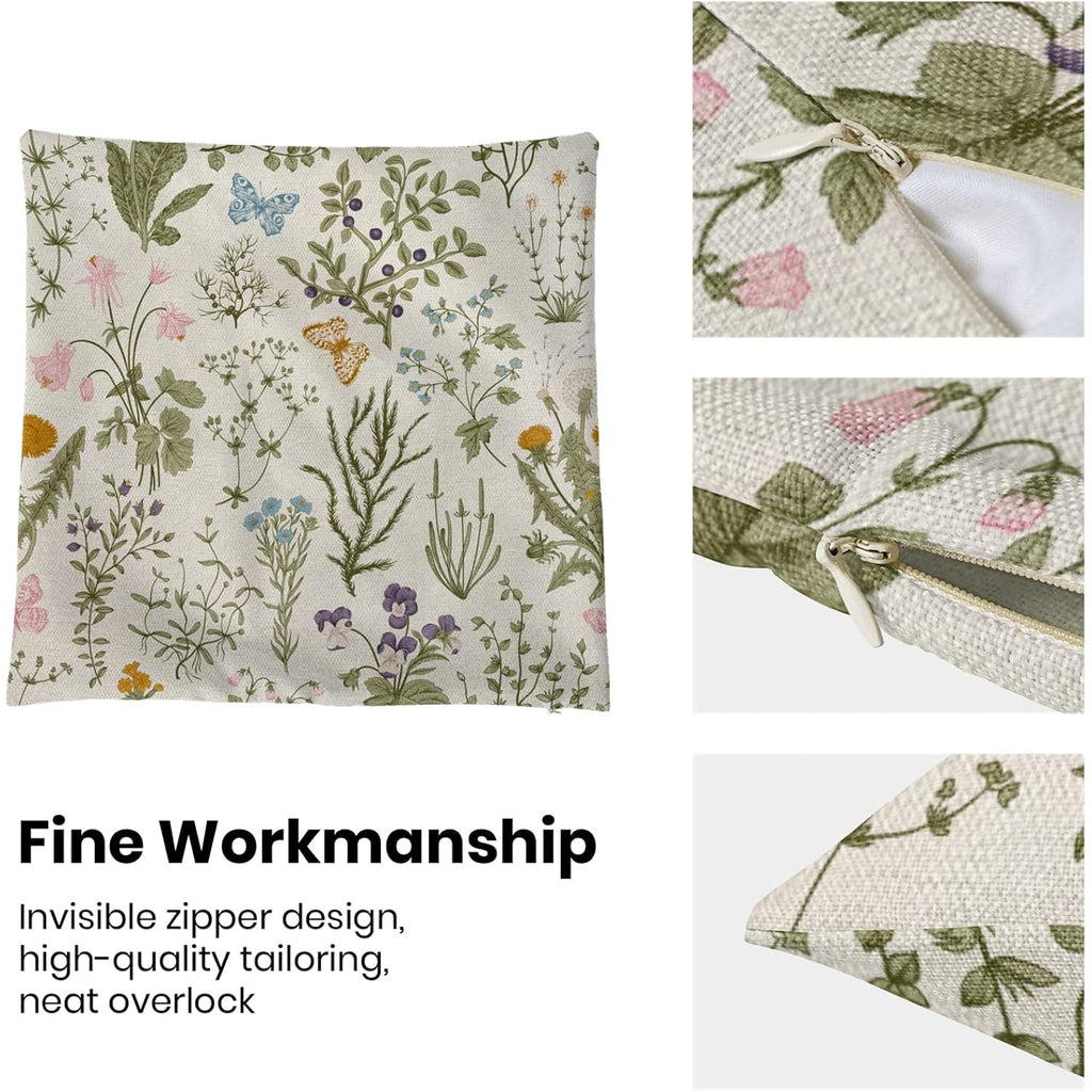 Aeioae Spring Pillow Covers 18X18 Inch Set Of 2,Sage Green Wild Flower Plant Throw Pillows Case,Seasonal Floral Outdoor Decorative Square Linen Farmhouse Decor Cushion Covers For Home Sofa Bed Couch