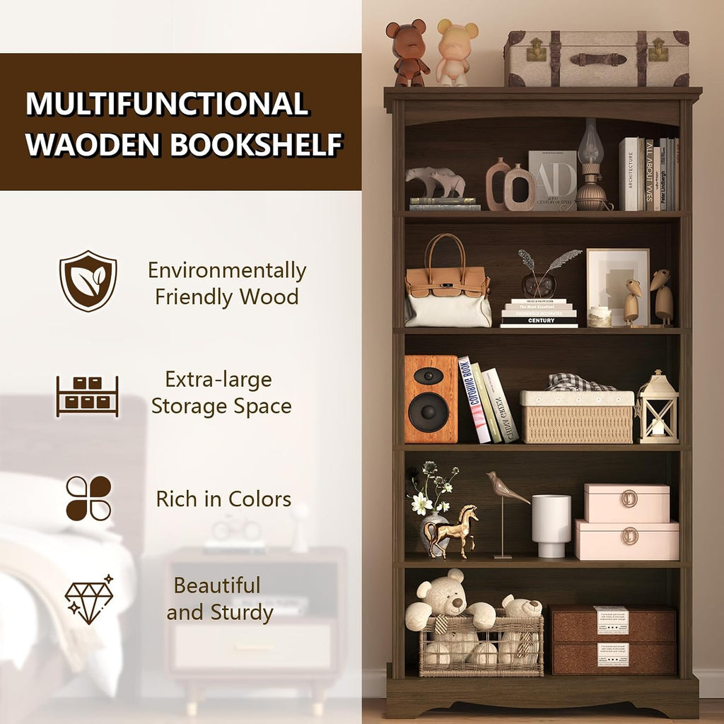 Tvu 5-Tier Wooden Bookshelf, 31.5" W X 65" H ×9.9" D Bookshelf With Storage, Floor Standing Modern Style Display Bookcase For Living Room, Office, Study Room, Entryway, Brown