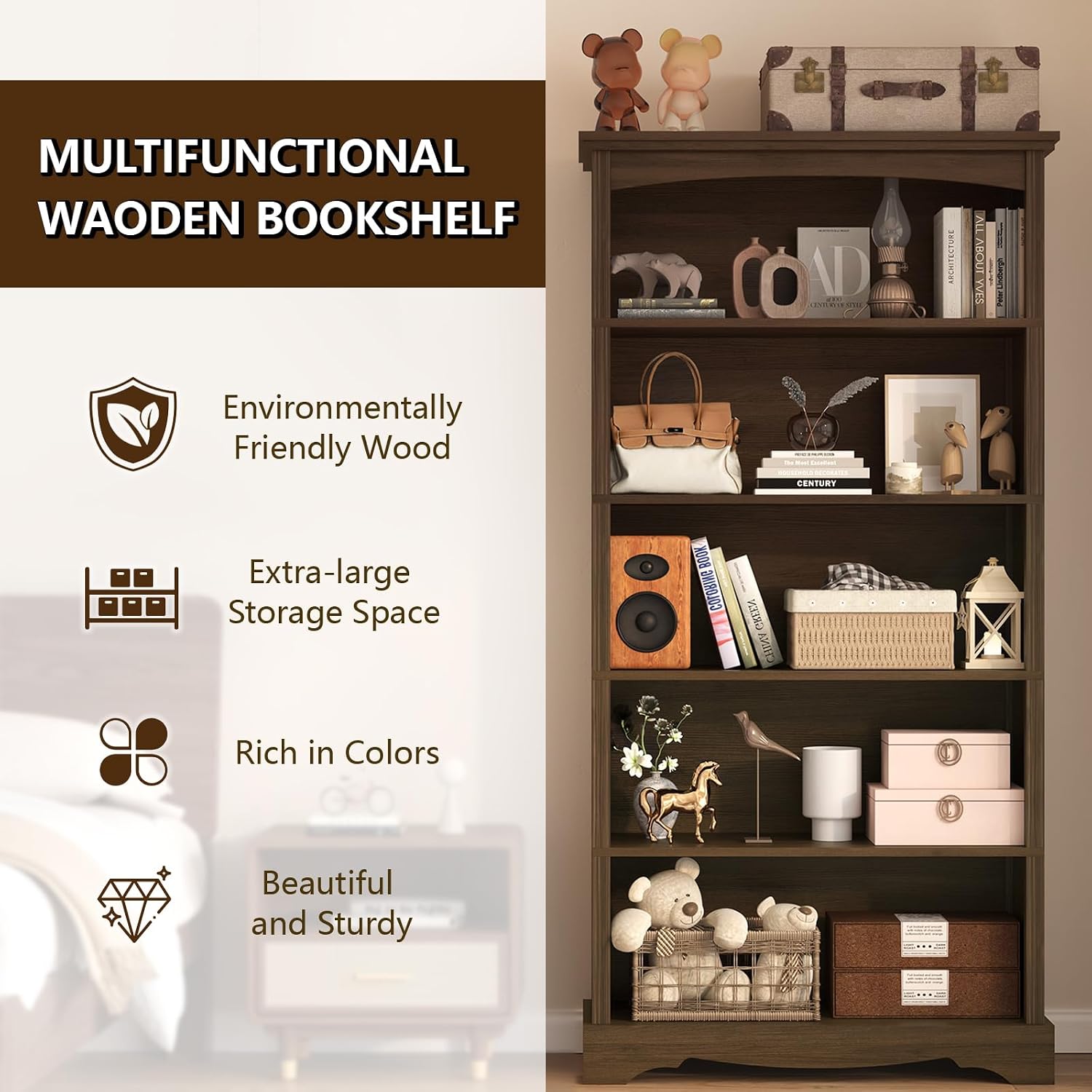 Tvu 5-Tier Wooden Bookshelf, 31.5" W X 65" H ×9.9" D Bookshelf With Storage, Floor Standing Modern Style Display Bookcase For Living Room, Office, Study Room, Entryway, Brown