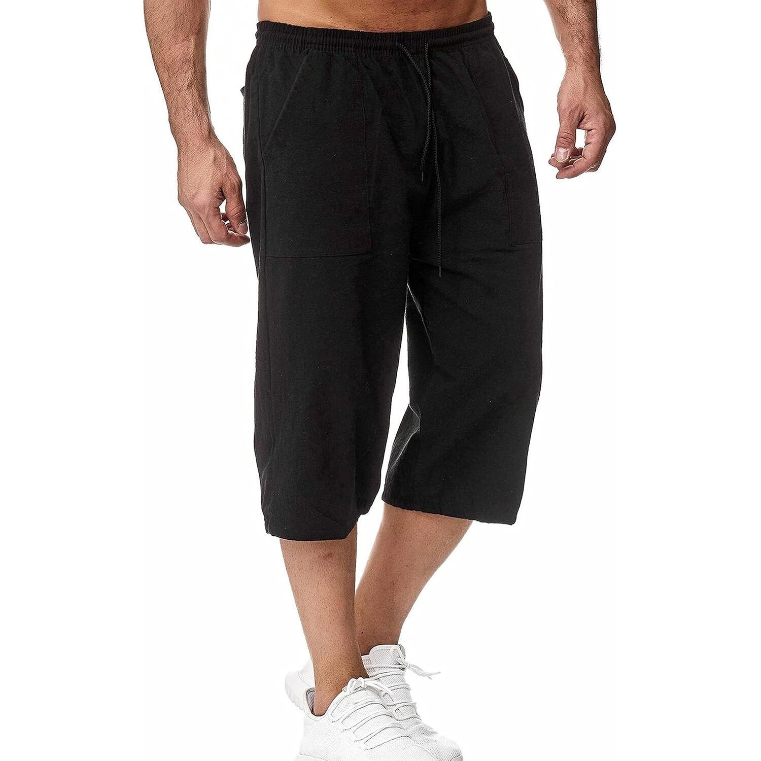 Hangnifang Men'S Long Linen Shorts Below Knee Pocketed 3/4 Summer Drawstring Capri Pant