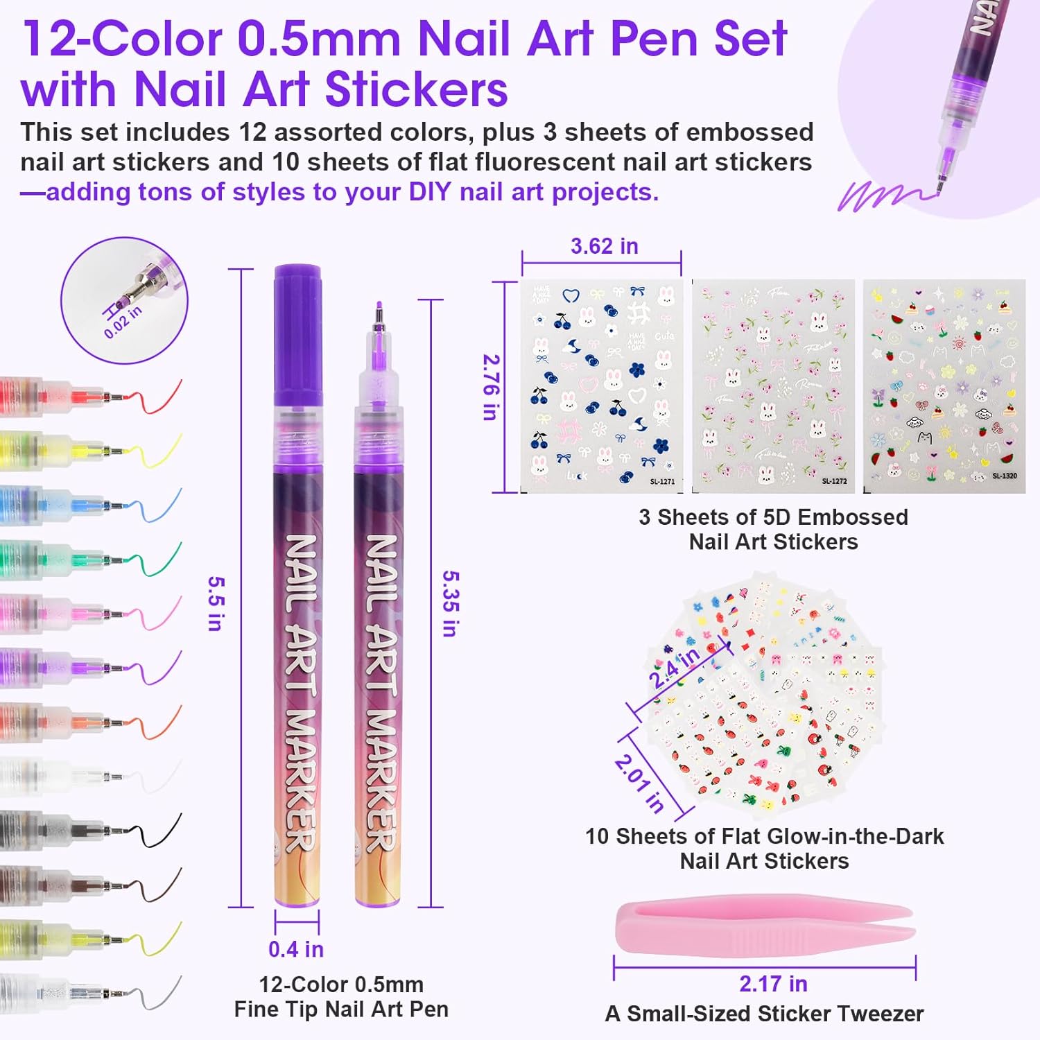 Pintada 12 Color Nail Art Pens Set - 0.5mm Fine Tip Nail Art Markers with Stickers, Leak-Proof Nail Pens for DIY Nail Art, Greeting Cards & Crafts