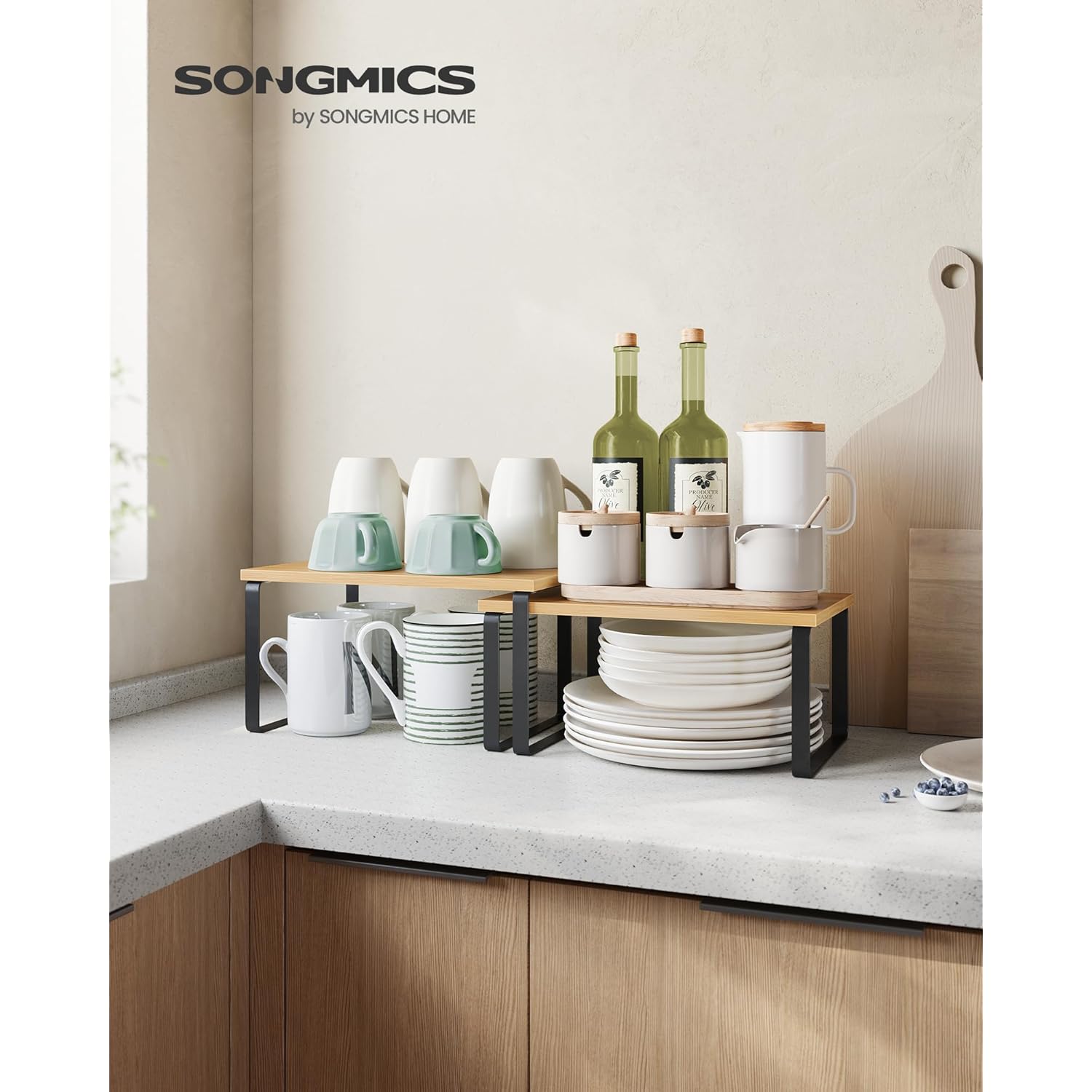 SONGMICS Cabinet Organizer Shelf, Set of 2 Kitchen Counter Shelves, Kitchen Storage, Spice Rack, Stackable, Expandable, Metal and Engineered Wood, Ink Black and Natural Beige UKCS02NB