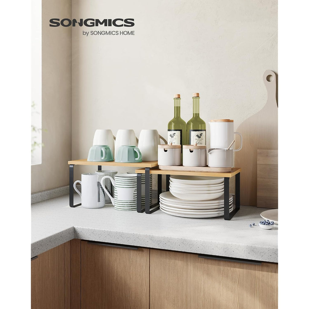 Songmics Cabinet Organizer Shelf, Set Of 2 Kitchen Counter Shelves, Kitchen Storage, Spice Rack, Stackable, Expandable, Metal And Engineered Wood, 11.7 Inches, Ink Black And Natural Beige Ukcs02Nb