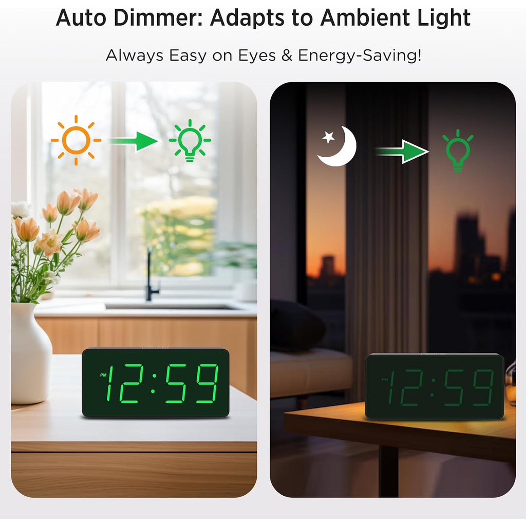 Peakeep Battery Operated Digital Alarm Clock For Bedrooms Big Numbers | Cordless Large Display Auto Dimming For Seniors, Adjustable Volume Loud Alarm Clock For Heavy Sleepers Adults (Green Digits)