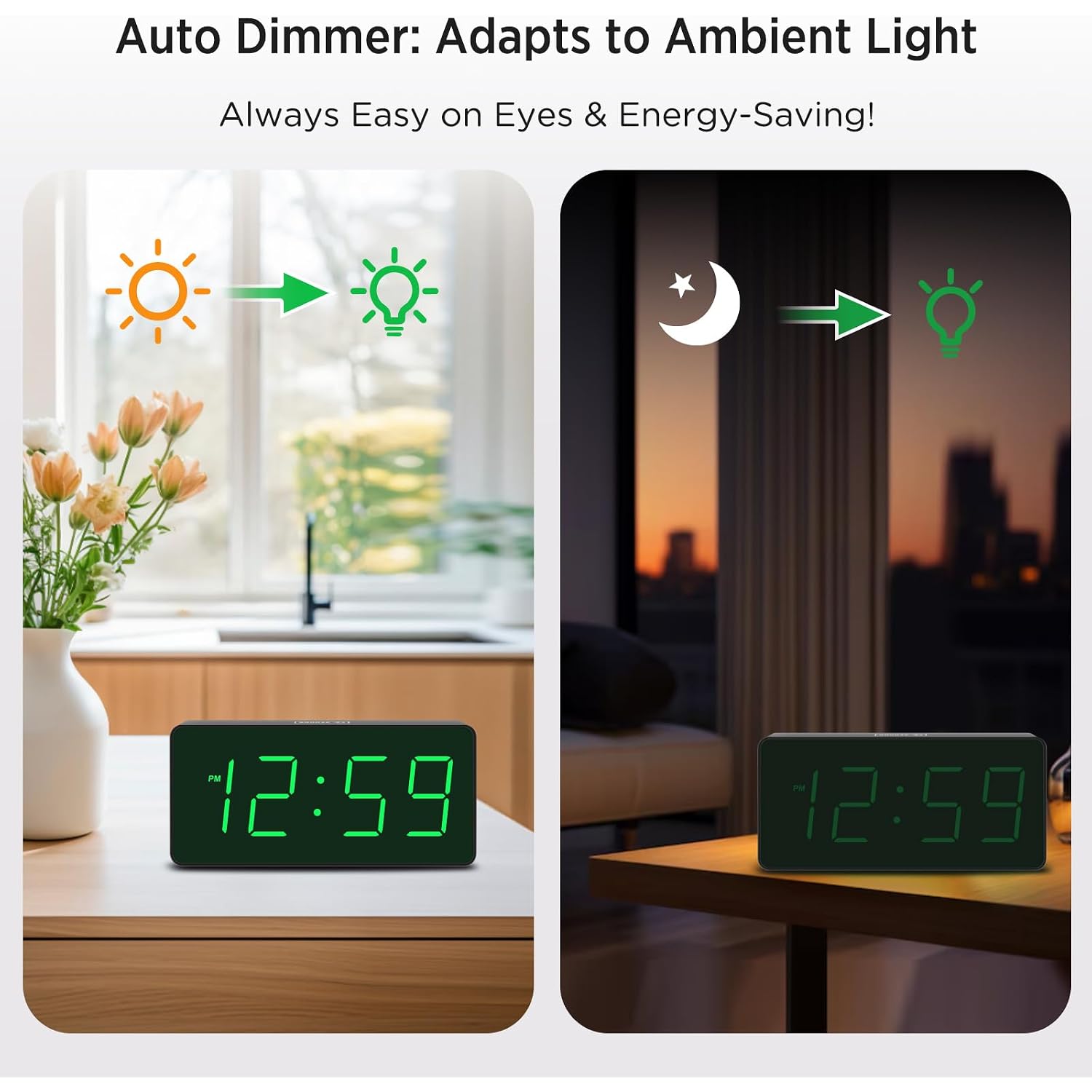 Peakeep Battery Operated Digital Alarm Clock For Bedrooms Big Numbers | Cordless Large Display Auto Dimming For Seniors, Adjustable Volume Loud Alarm Clock For Heavy Sleepers Adults (Green Digits)