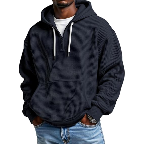 Men's Waffle Knit Quarter Zip Hoodie Long Sleeve Pullover Sweatshirt with Pockets