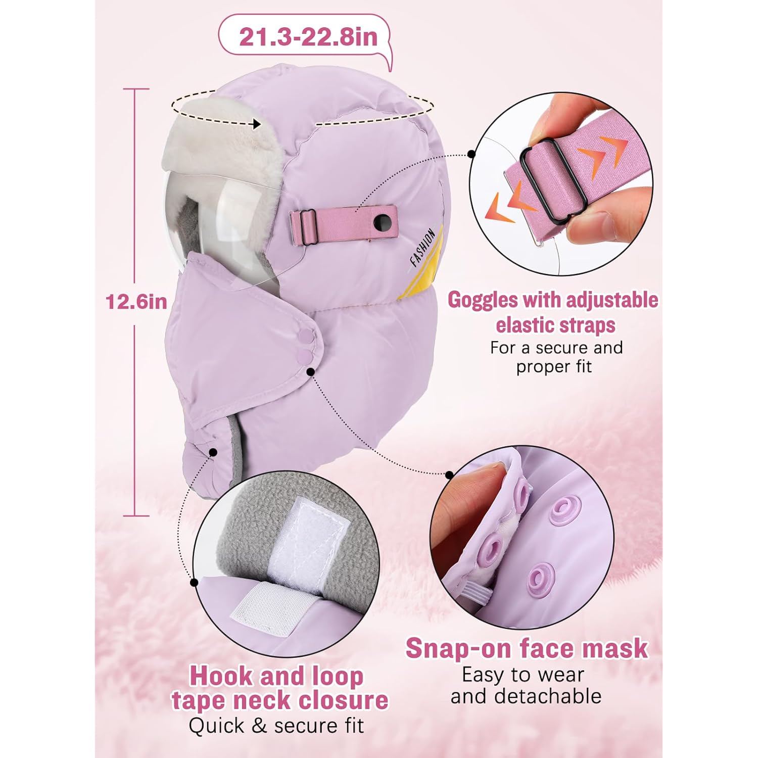 Winter Trapper Hat for Women - Windproof & Waterproof Hat with Removable Mask Goggles Ear Flaps, Purple