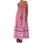 Abyovrt Women Boho Maxi Dress Crochet Patchwork Sleeveless Long Flowy Swing Dress Pink Beach Sundresses