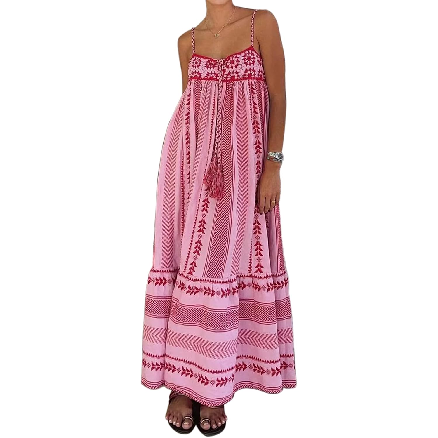 Abyovrt Women Boho Maxi Dress Crochet Patchwork Sleeveless Long Flowy Swing Dress Pink Beach Sundresses