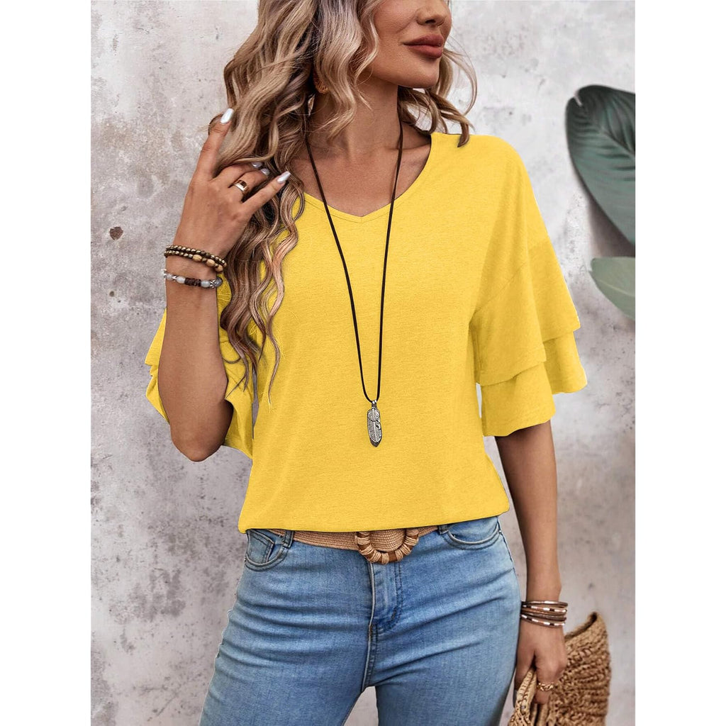 Sialois Womens Blouses 3/4 Length Sleeve Tops Ruffle V Neck Shirts Casual Tunic Spring Fall Summer Fashion Work Clothes