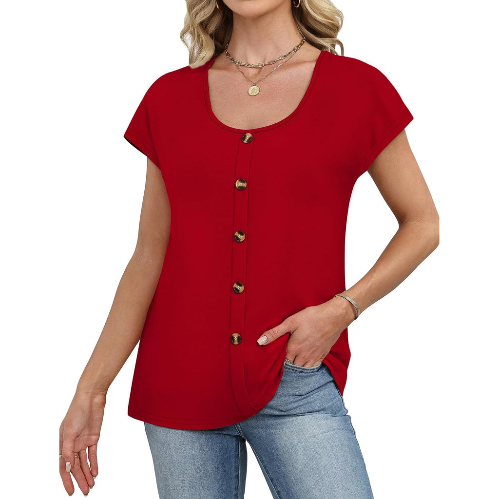 Wiholl Womens Summer Tops Cap Short Sleeve Shirts Button Down Blouses U Neck T Shirts Fashion Clothing